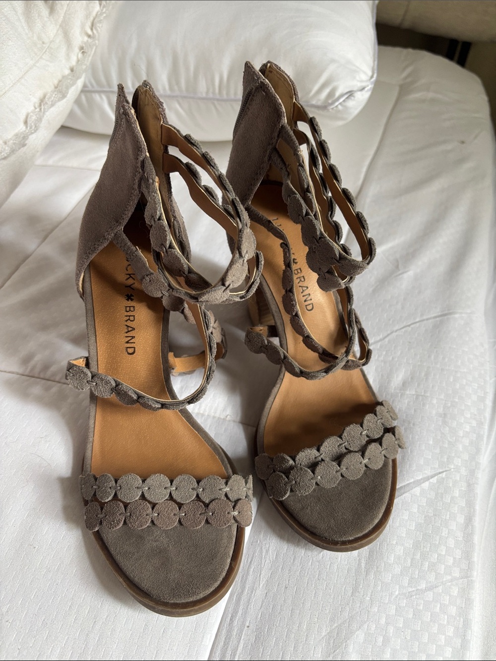 Lucky Brand Taupe Braided Suede Heeled Sandals